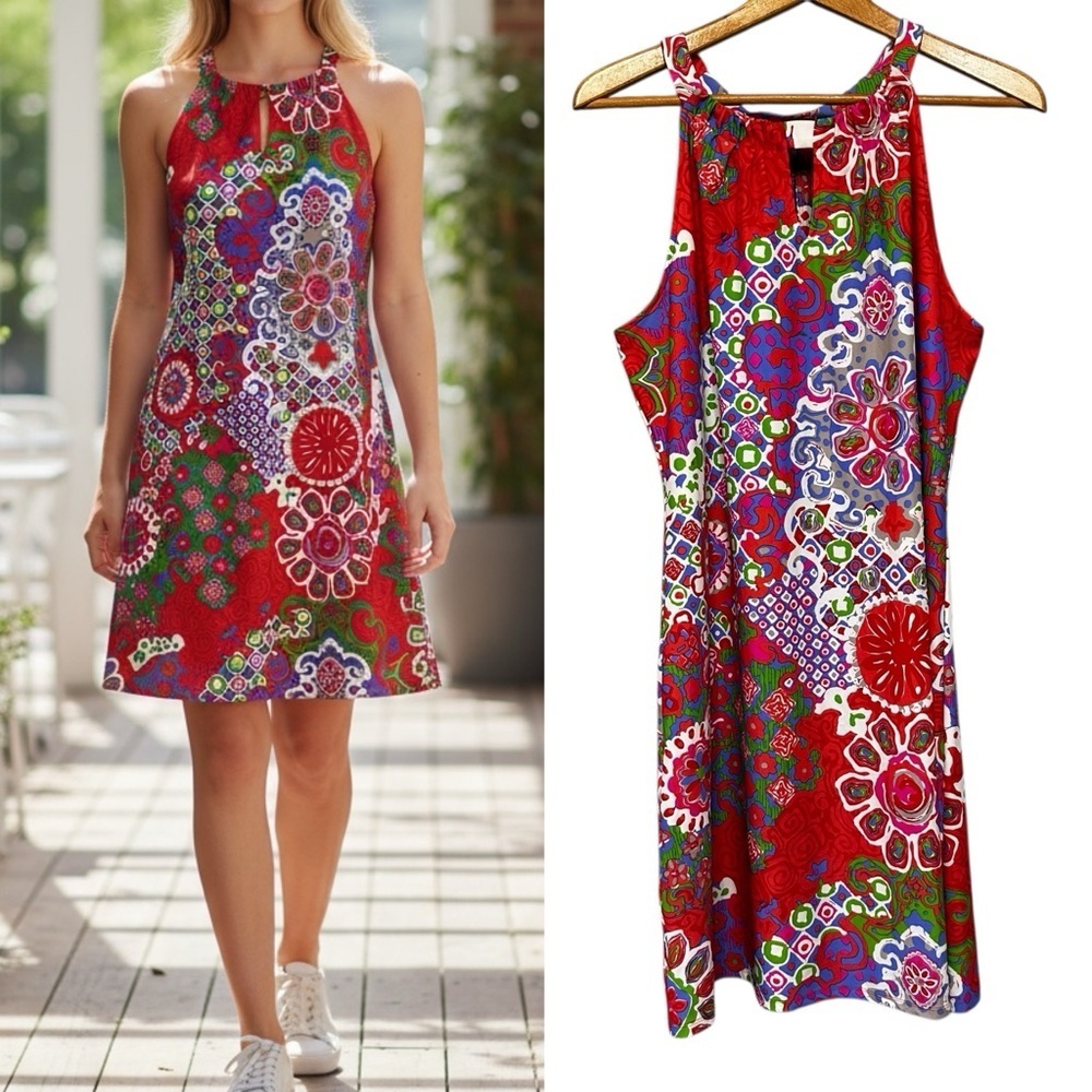 Jude Connally Red Floral Mosaic Print Sleeveless A-Line Dress Size Large